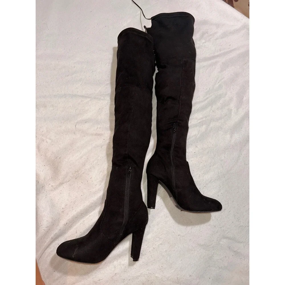 Womens Black Faux Suede Over The Knee Thigh High Block Heel Boots Size 8.5
